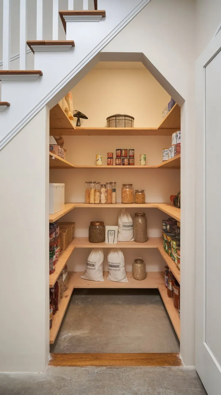 Warm wood shelving illuminates a remodeled under-stair pantry, showcasing neatly organized food supplies