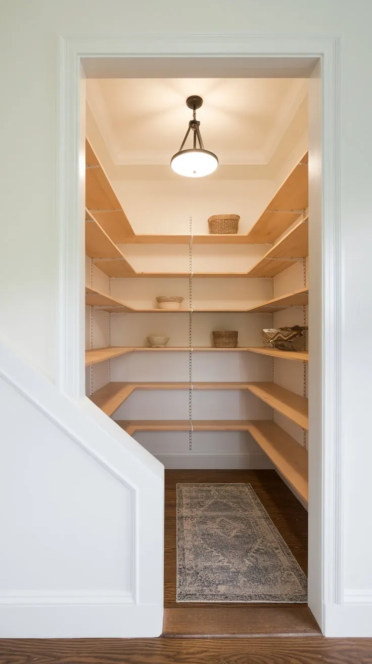 Transform your cramped under-stair pantry into a bright, organized haven with custom wood shelving