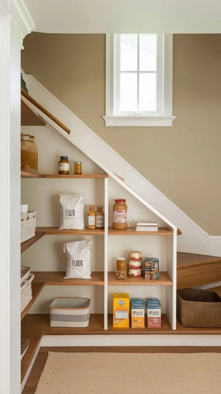 Warm beige walls and custom wooden shelving transform a small under-stair pantry into an organized haven for flour, peanut butter, and pasta