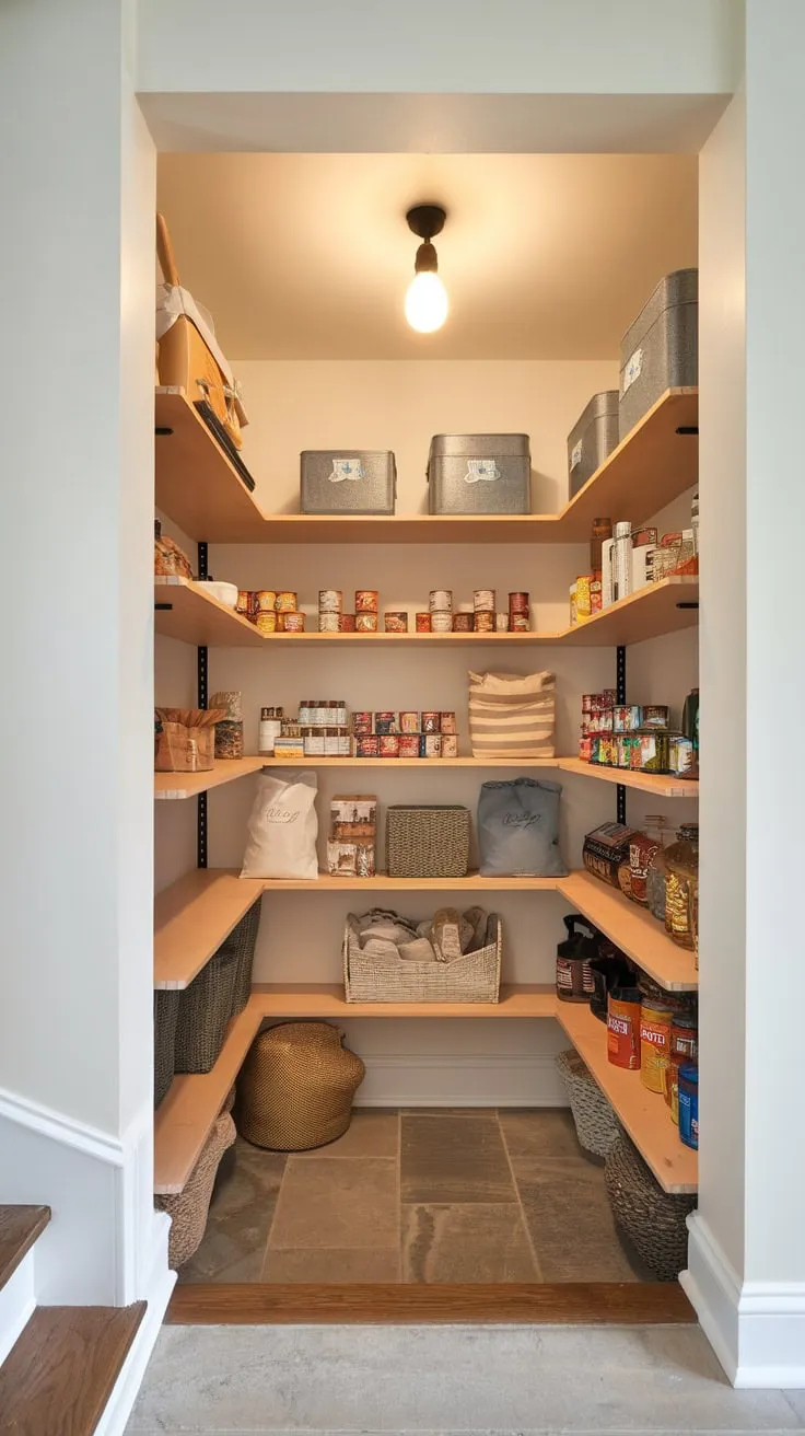 Custom wood shelving illuminates a remodeled under-stair pantry, perfectly organizing canned goods, jars, and bags