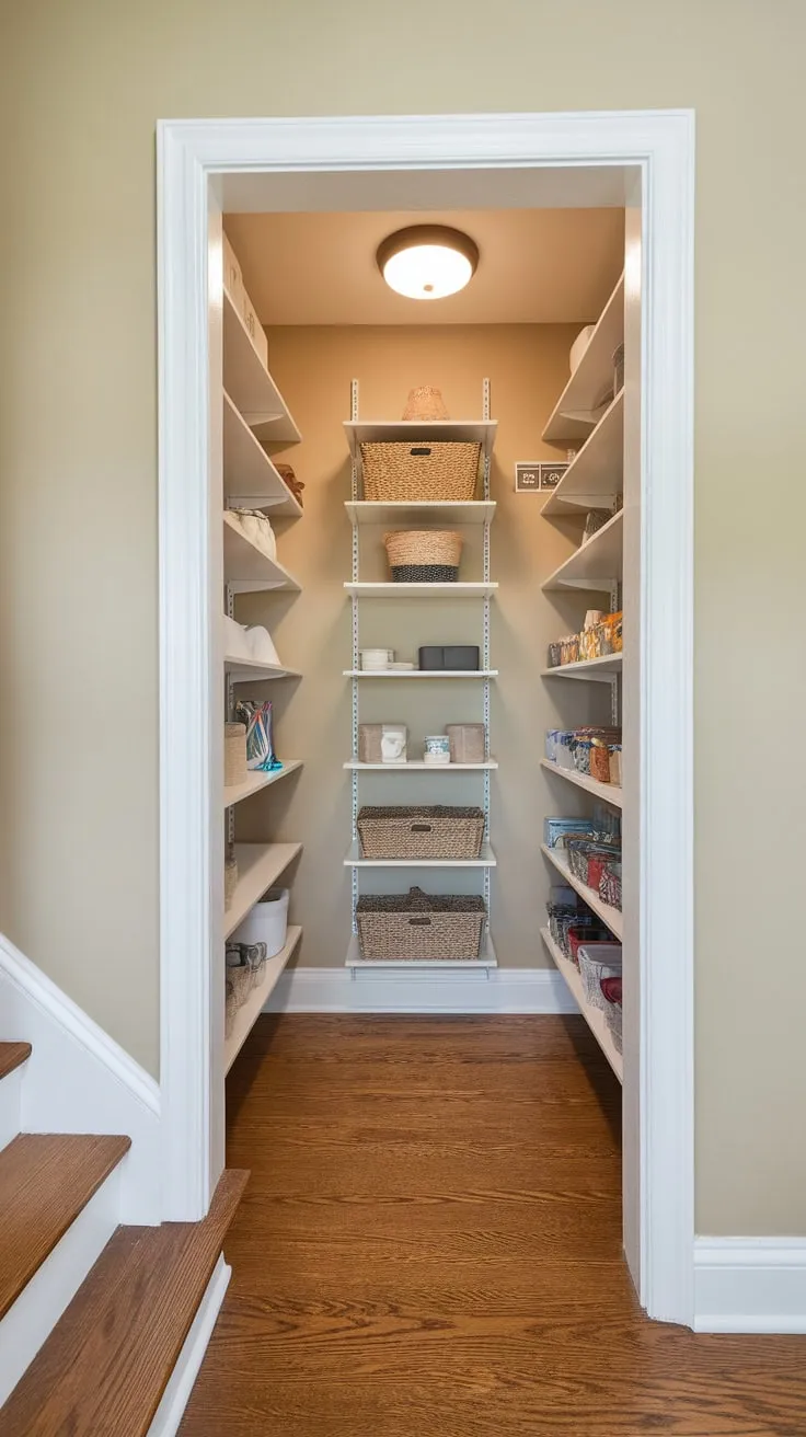 Maximize under-stair space and enjoy a beautifully renovated pantry featuring custom shelving.