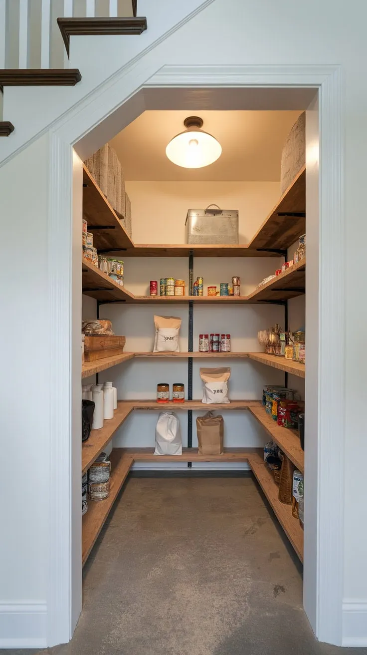 Rustic wood shelving transforms a cramped under-stair closet into a functional and charming pantry
