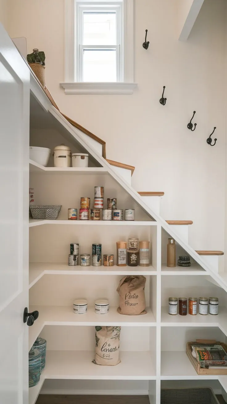 Maximize under-stair pantry space with custom shelving for efficient canned goods, jar, and flour storage