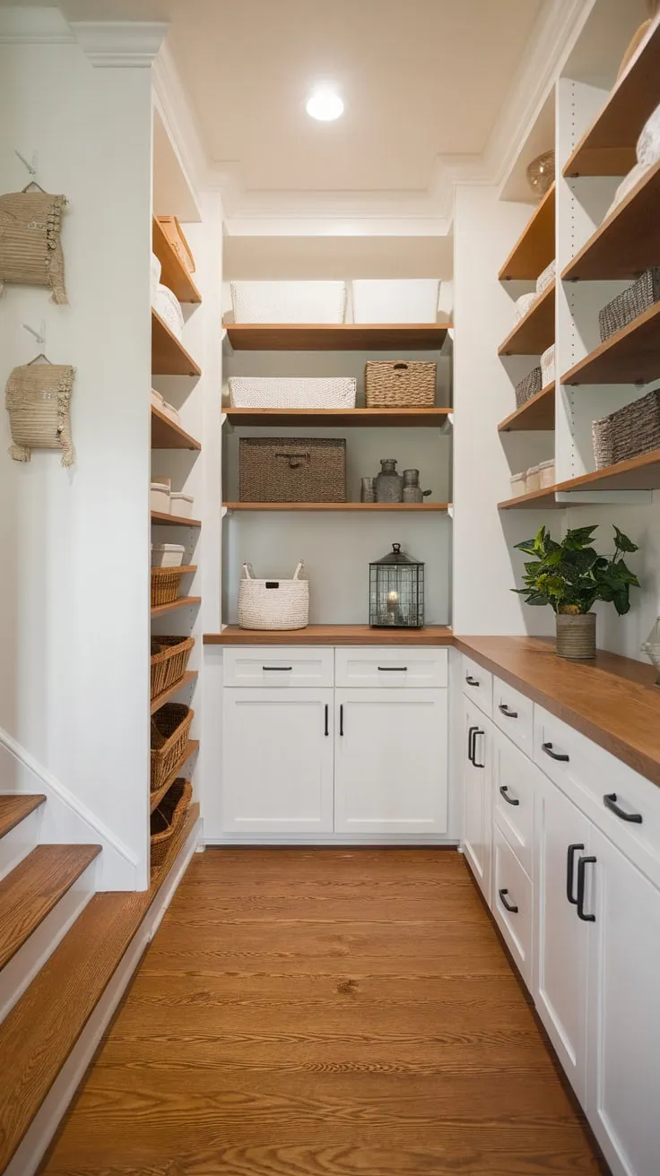 Transform your under-stair space into a bright, organized pantry with custom wooden shelving and charming décor