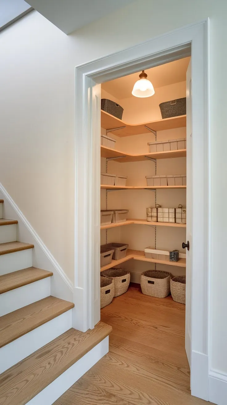 A remodeled under-stair pantry boasts custom ceiling-high wood shelving, floor baskets, and a crisp white aesthetic for optimal storage.