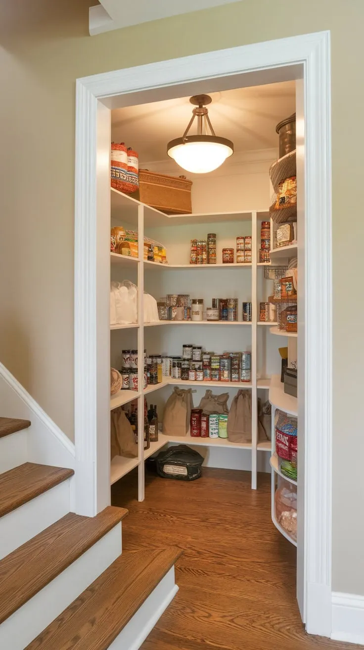 Transforming under-stair space into a bright, organized pantry with custom shelving for efficient canned goods, jars, and bagged items