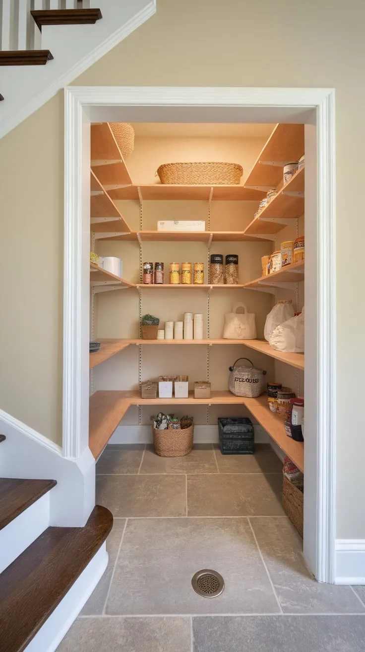 Custom wooden shelving transforms a cramped under-stair pantry into an efficient and stylish storage solution for canned goods, jars, and more.