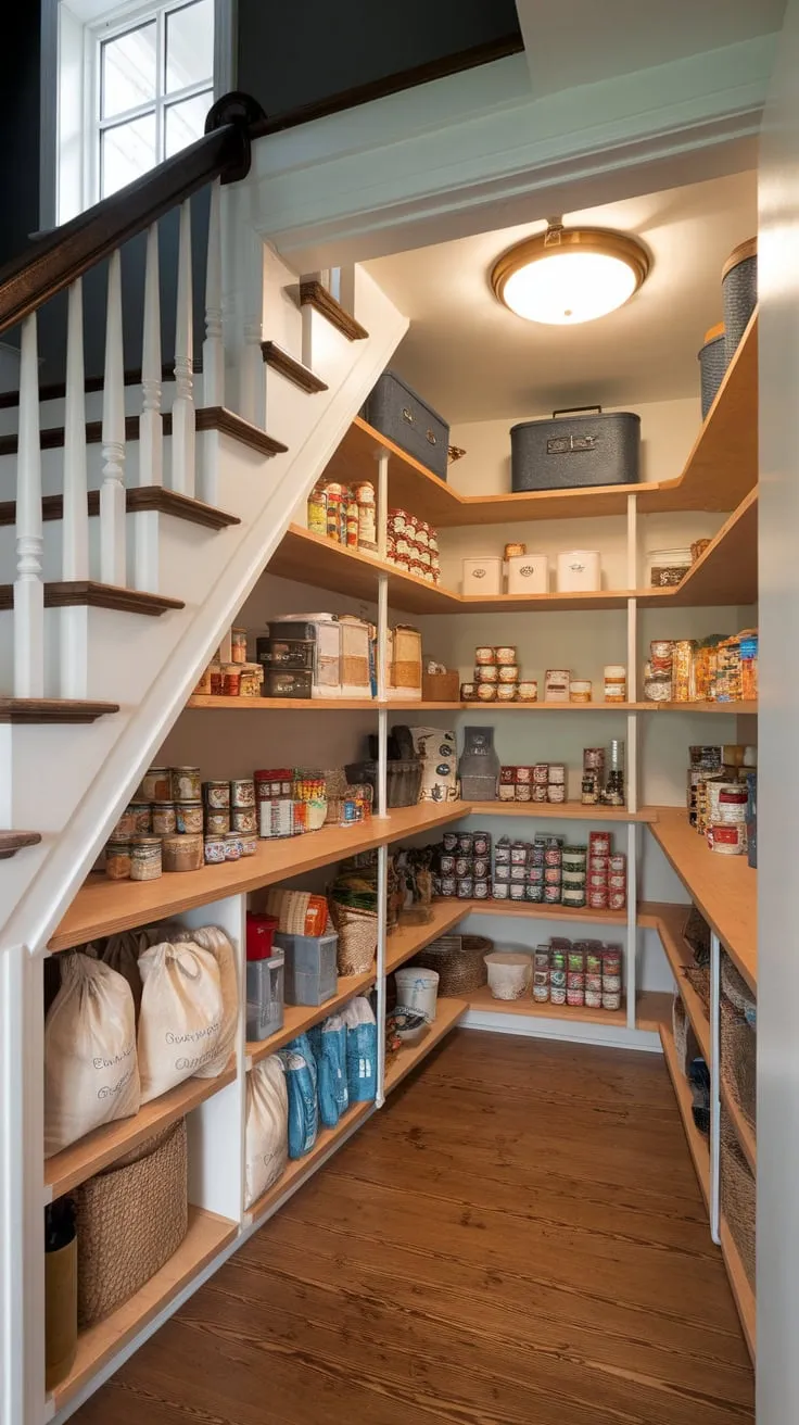 Transform your under-stair space into a bright, organized pantry with custom wooden shelving