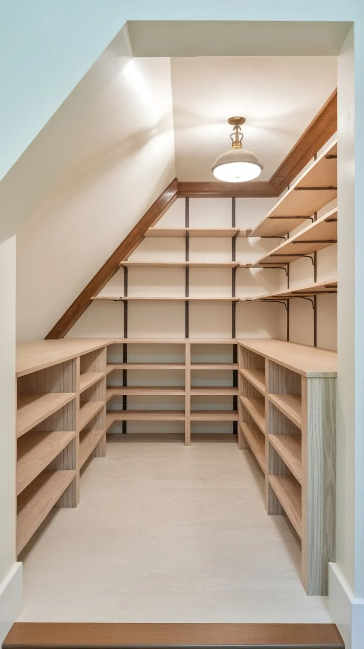 A charming sloped-ceiling pantry boasts custom wood shelving, maximizing storage under the stairs with a bright and airy feel