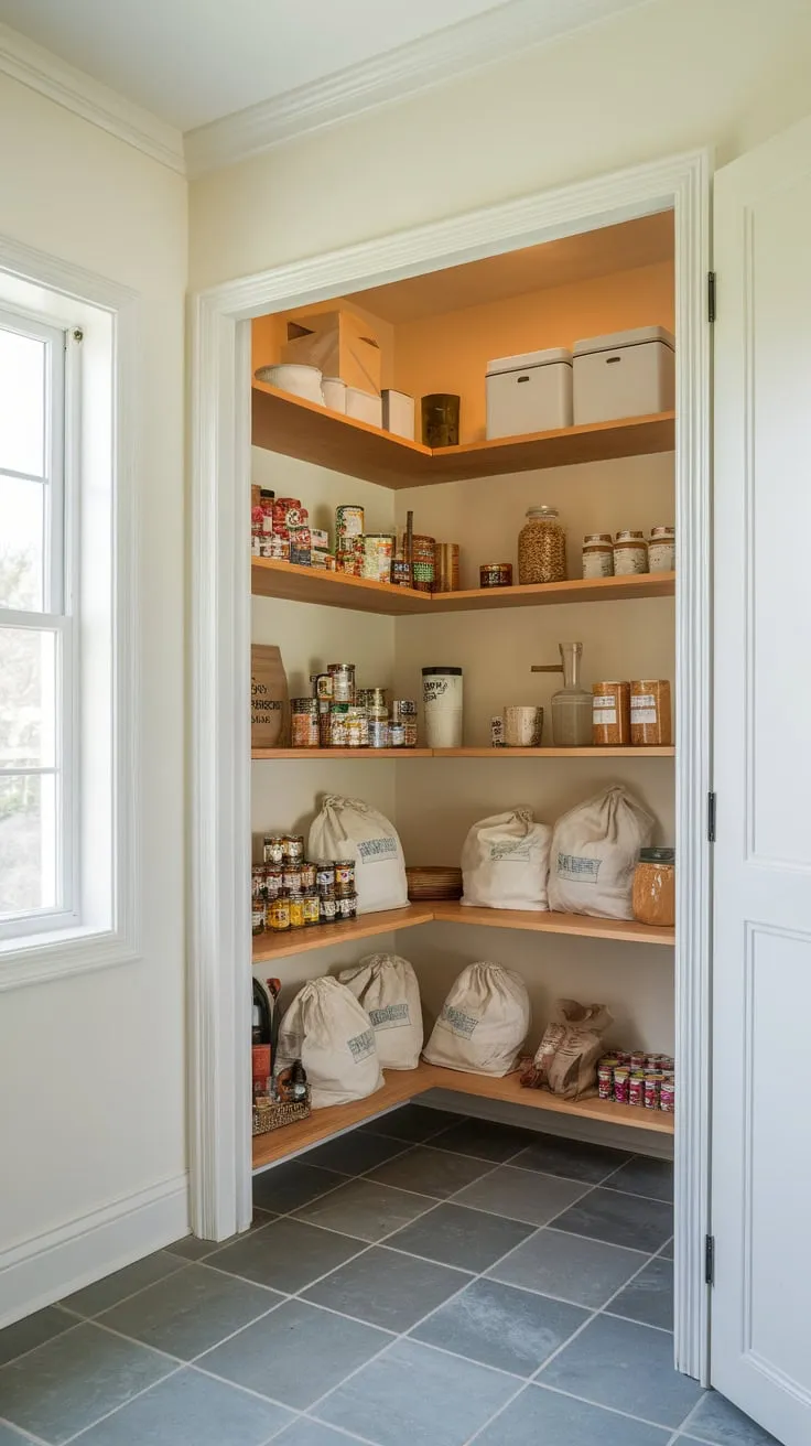 A walk-in pantry with tiled floor, a window, and wooden shelves provides generous storage for a variety of pantry items.