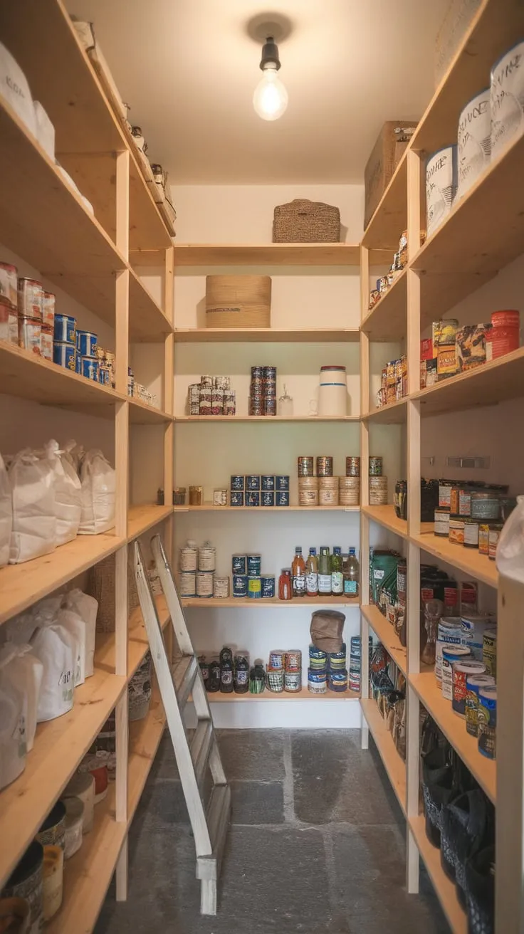 A well-organized walk-in pantry boasts wooden shelves, stone floors, and a ladder for reaching high-stacked goods