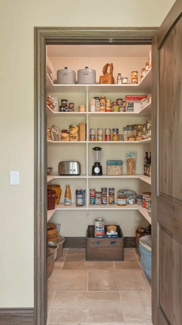 A walk-in utility pantry boasts beige walls, tiled floors, and shelves brimming with canned goods, jars, and small appliances.