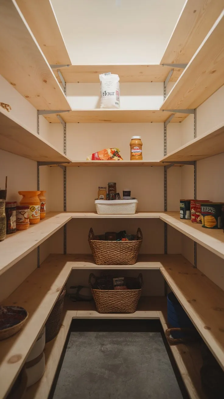Bright light illuminates a spacious walk-in pantry with wooden shelves stocked with pantry staples and a concrete floor