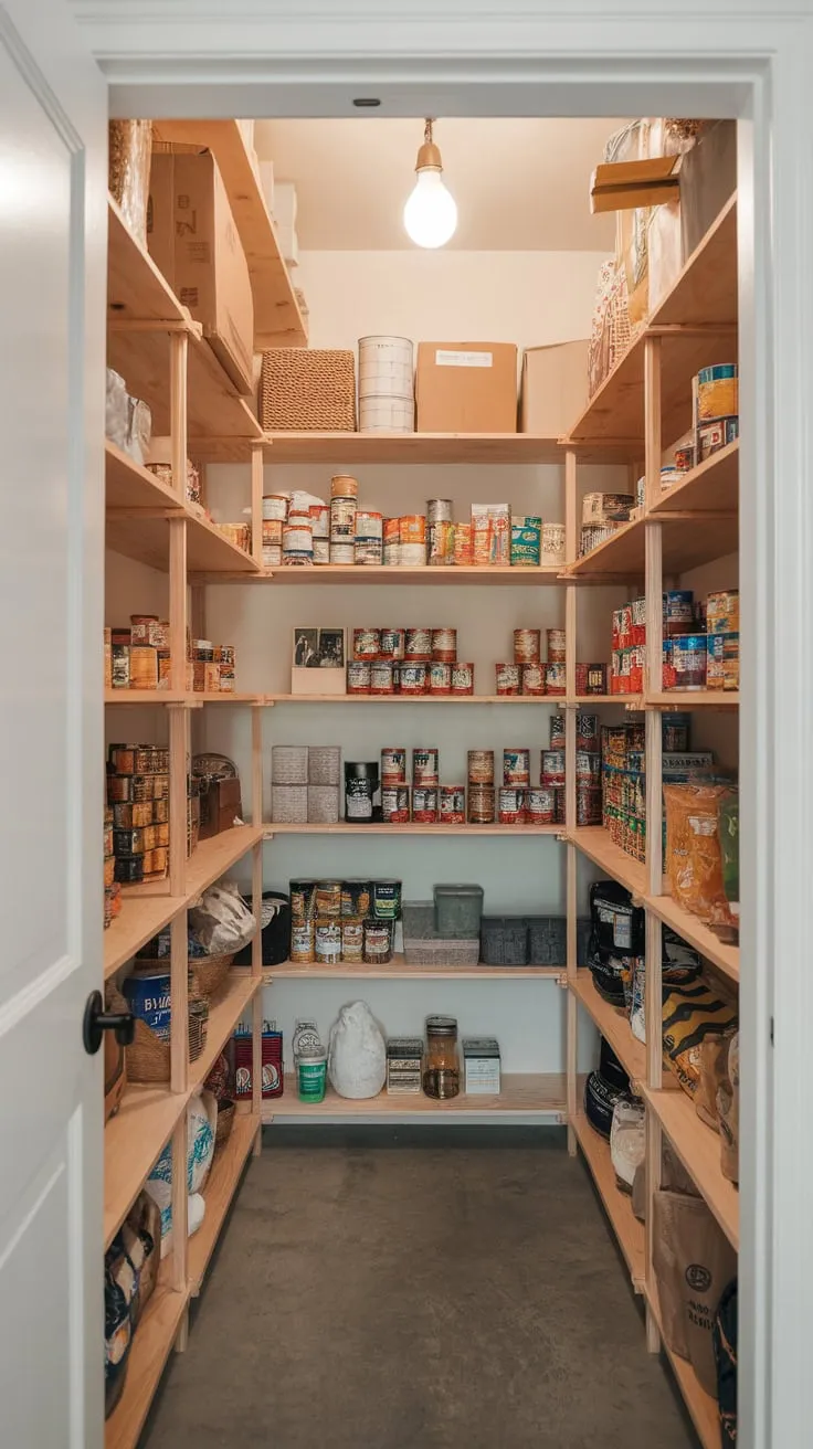 Organized wooden shelves illuminate a walk-in pantry's bounty of canned goods, boxes, and bags, creating a well-stocked culinary haven.