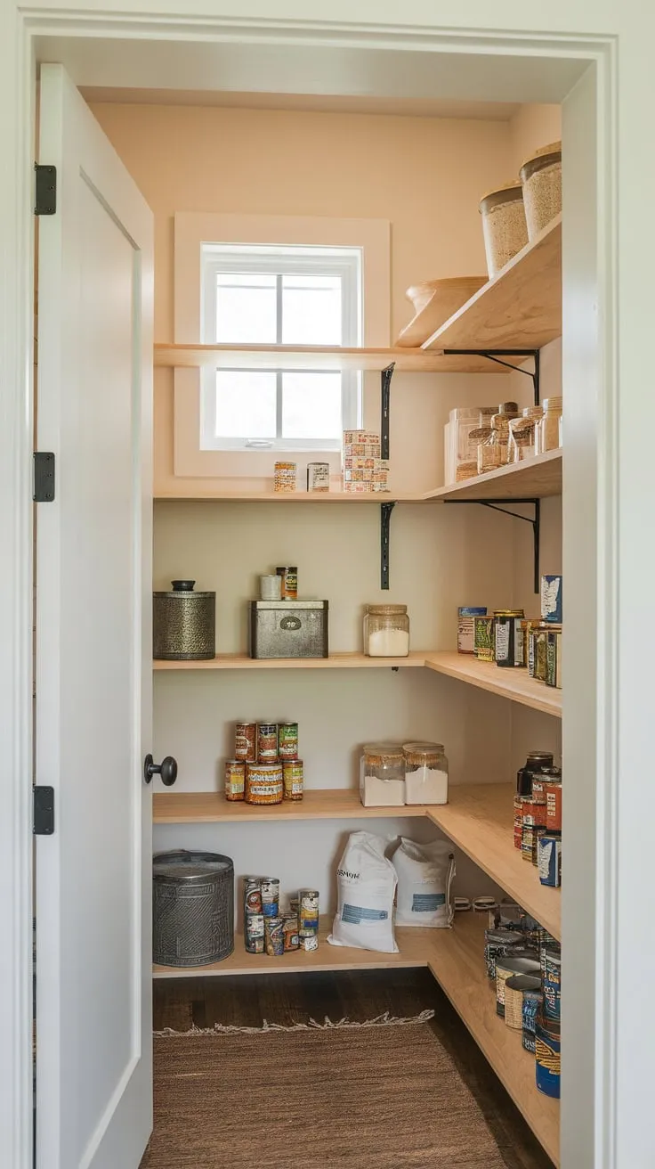 A cozy corner pantry boasts wooden shelves stocked with provisions and a welcoming rug, brightened by a small window.