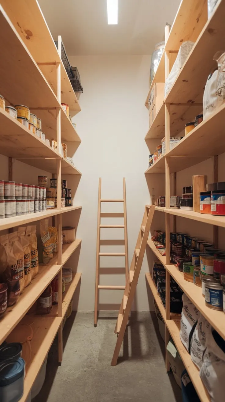 Well-lit and spacious, a walk-in pantry with wooden shelves showcases a meticulously organized collection of food items, easily accessed with a handy ladder.