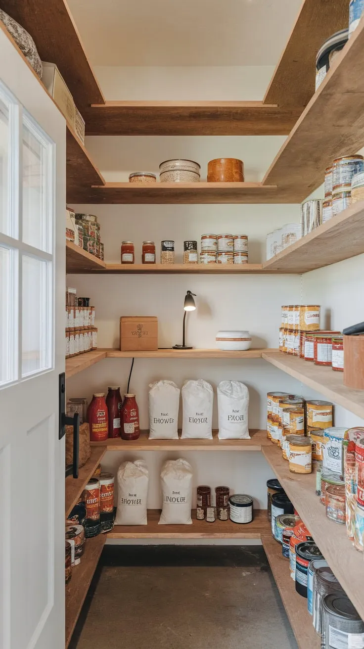 Neatly organized canned goods, sauces, and grains fill a spacious walk-in pantry illuminated by a small lamp, its concrete floor a practical touch.