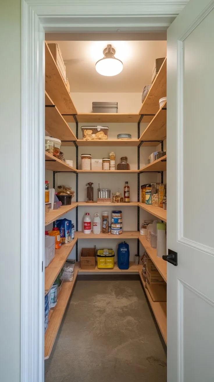 A spacious walk-in pantry with wooden shelving offers efficient storage solutions for groceries and cleaning supplies in a corner location.