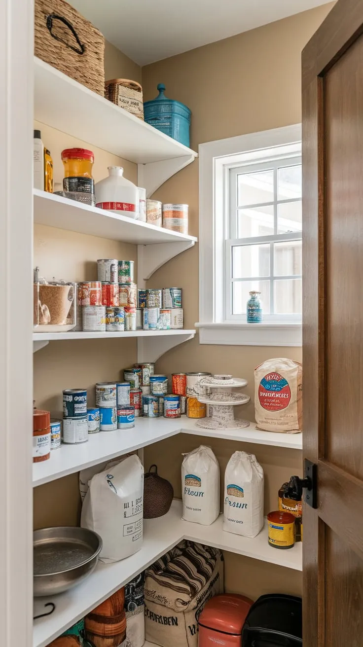 A beige-walled pantry, accessed by a wooden door, holds shelves stocked with canned goods, flour, sugar, and condiments, brightened by a small high window.