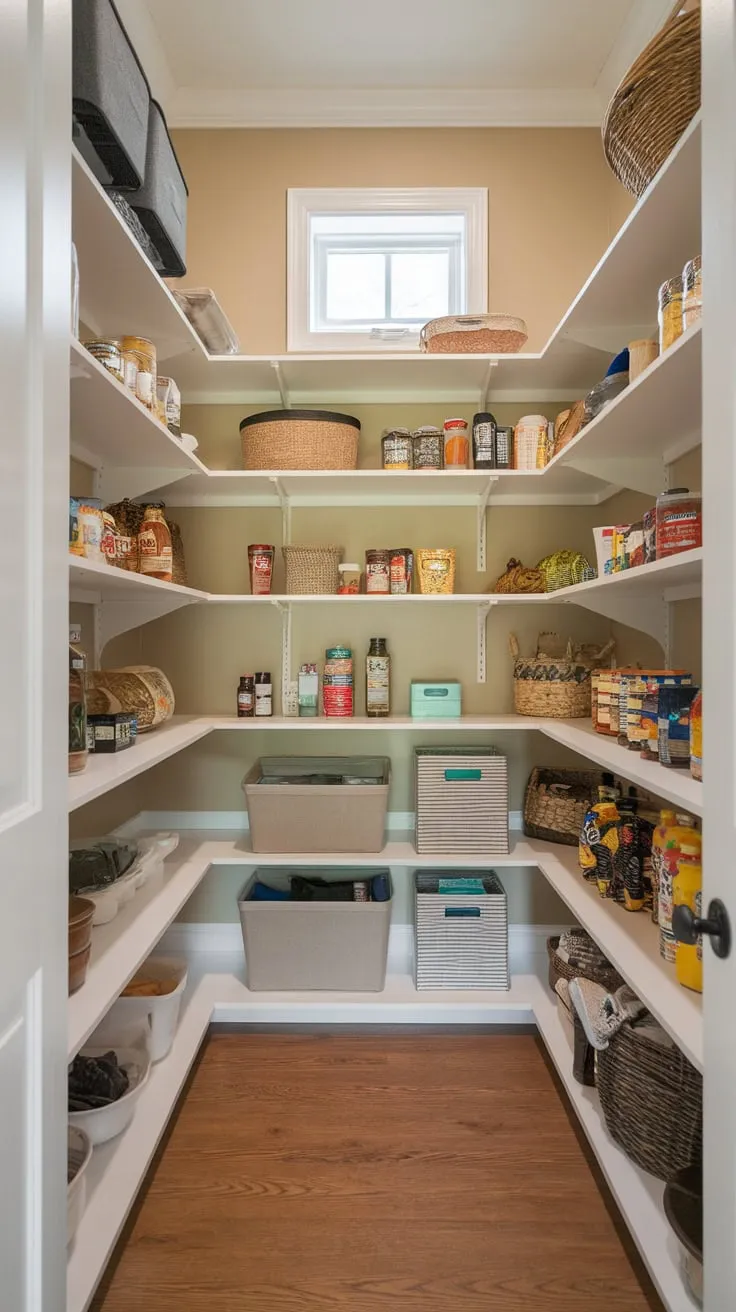 A well-organized walk-in pantry boasts ample shelving, storage bins, and a wood floor bathed in soft beige light from a small window.