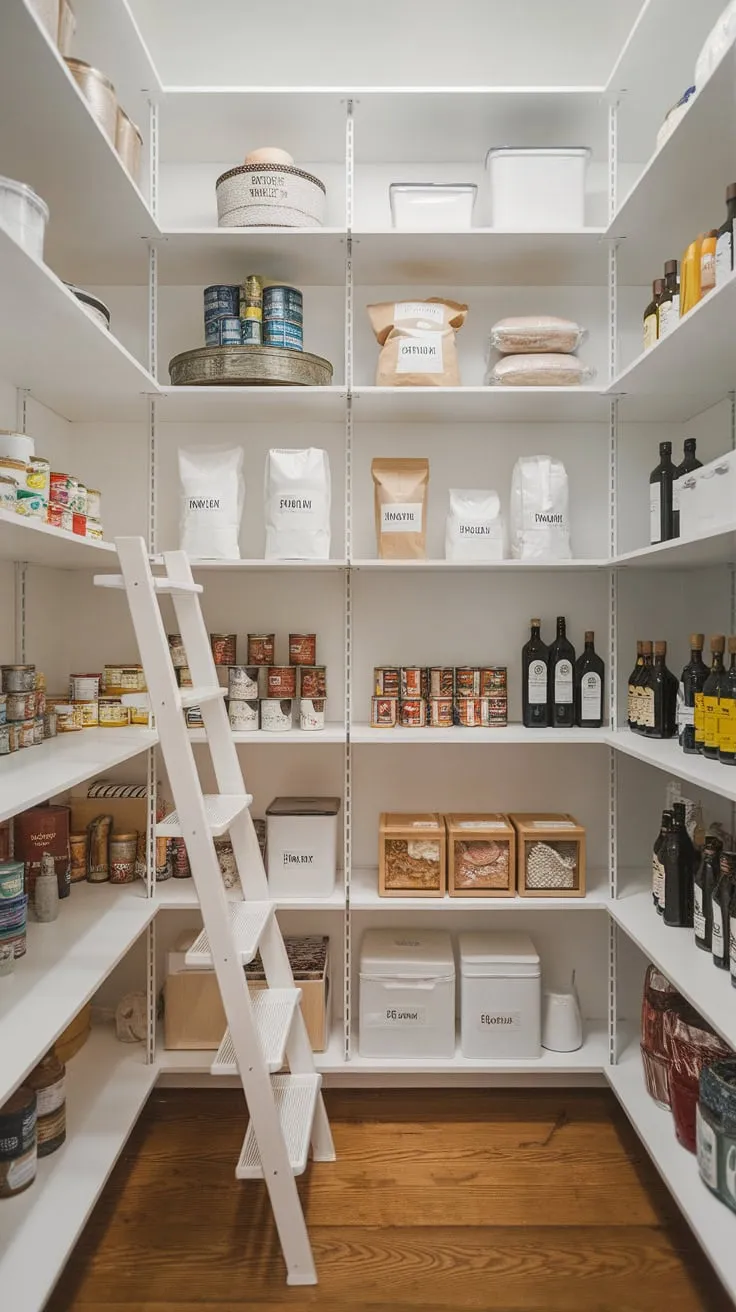 A well-stocked walk-in pantry boasts ample shelving, holding everything from canned goods to cooking oils, even a step ladder for reaching the highest shelves.