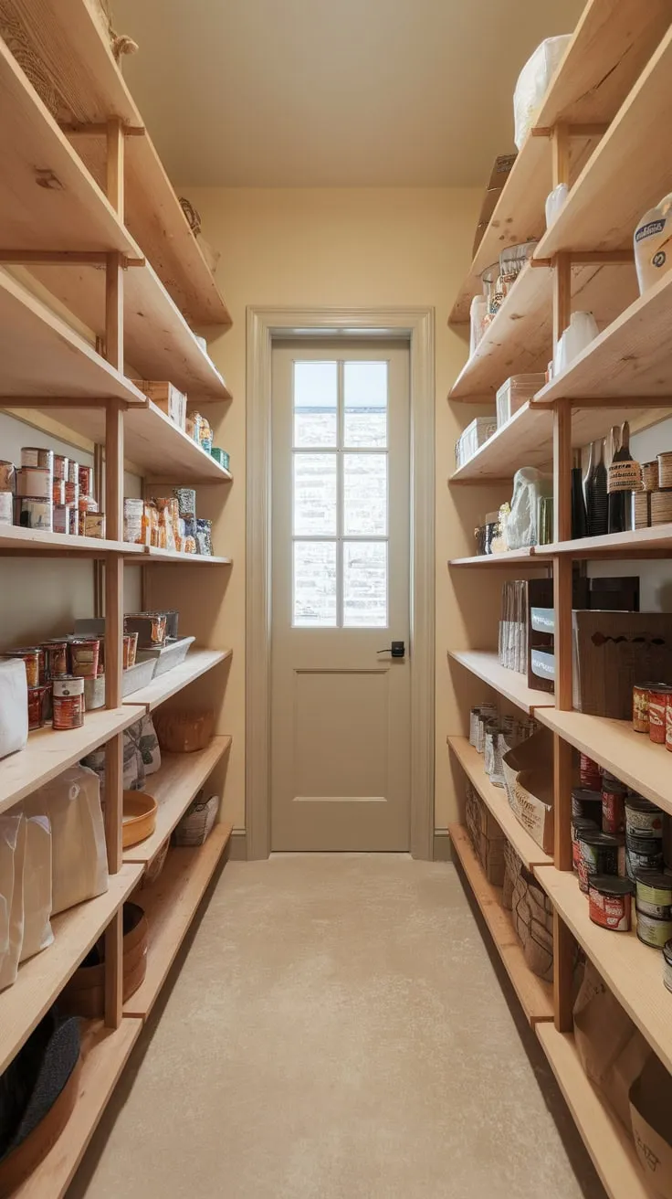 A sunlit walk-in pantry boasts warm beige walls and wooden shelves brimming with organized canned goods, boxes, and bags