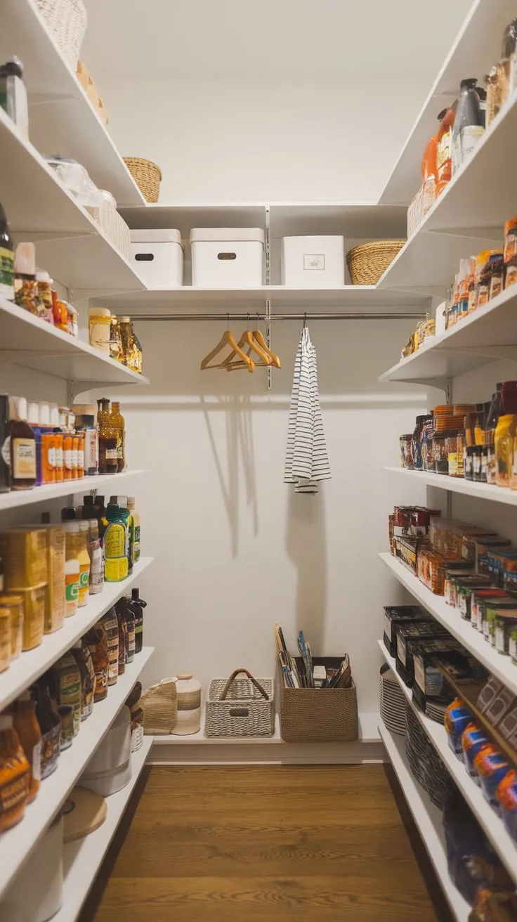 Sunlight streams into a spacious walk-in pantry filled with neatly arranged food items on wooden shelves and a central hanging rod.