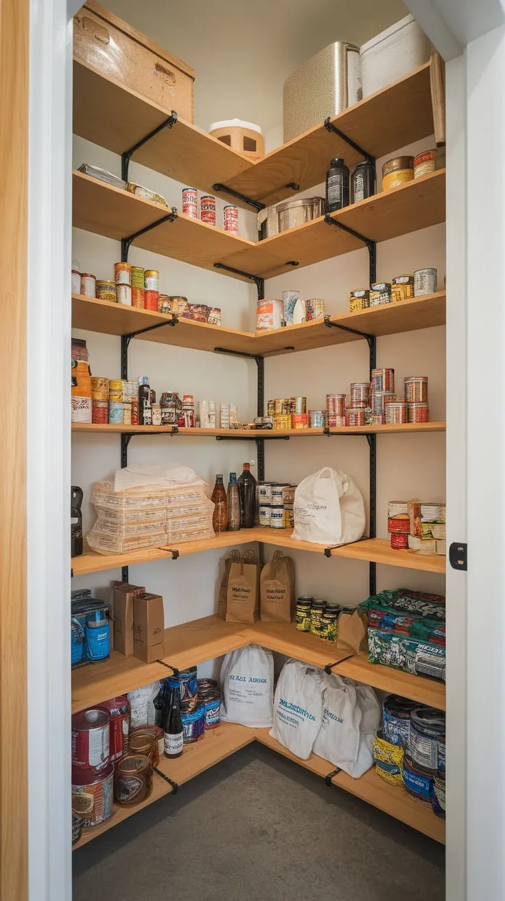 Organized chaos reigns in a corner walk-in pantry, its wooden shelves brimming with canned goods, bottles, and bags.