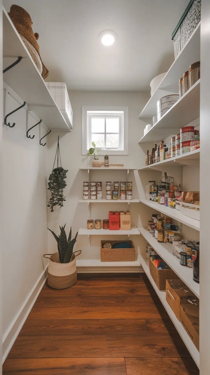 A bright walk-in pantry boasts ample shelving stocked with provisions, charming décor, and a touch of natural light through a small window
