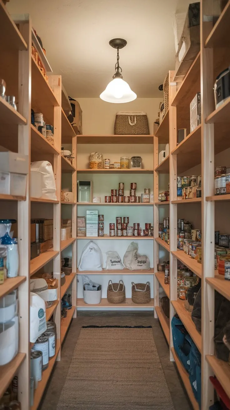 A well-lit walk-in pantry boasts wooden shelves overflowing with canned goods, boxes, and bags, creating a cozy and organized storage space