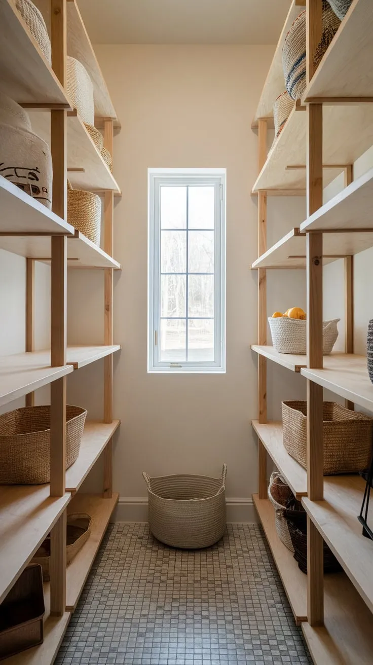 A charming walk-in pantry boasts wooden shelves, a checkered floor, and a small window, showcasing organized storage in a delightful space