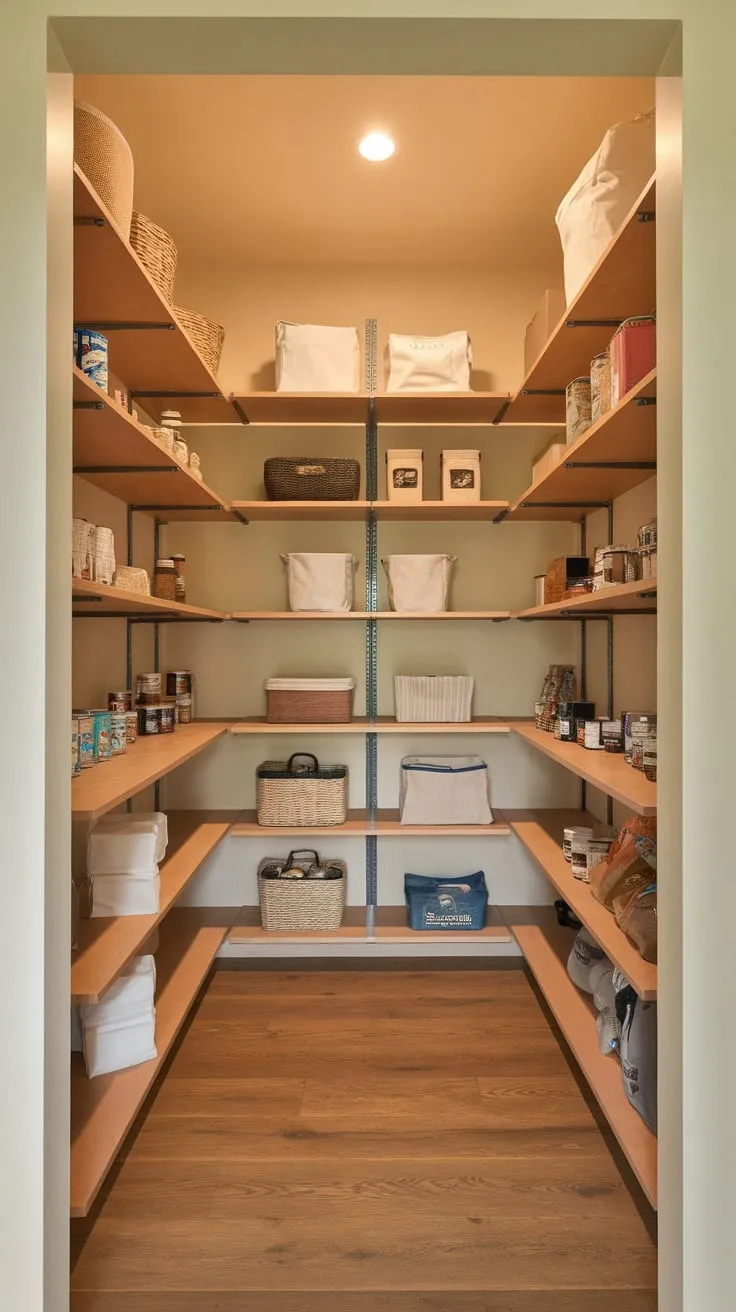 A charming walk-in pantry boasts warm lighting, wooden shelves, and a well-organized collection of food items.