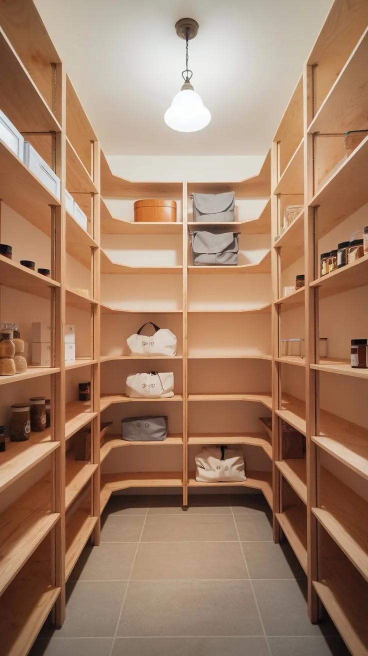 Tiled floors and sectioned wooden shelves create a bright and efficient walk-in pantry, perfectly organized for easy access to stored food.