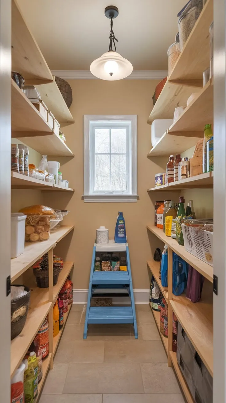 Beige walls, tiled floors, and a ceiling light fixture complete this functional and bright pantry.