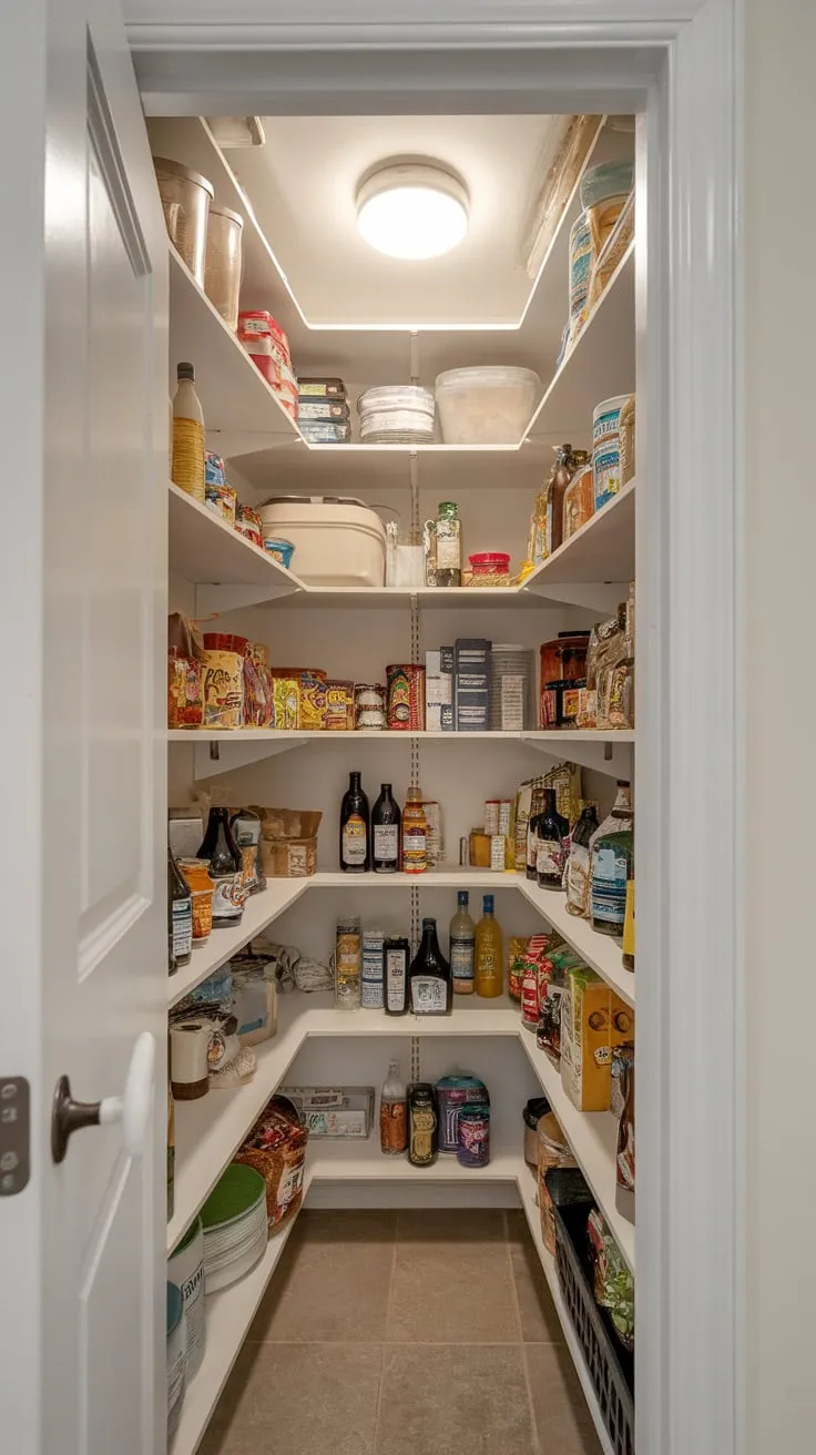 A small, narrow pantry cleverly uses corner space and efficient shelving to store numerous food items under a light, all on a tiled floor.
