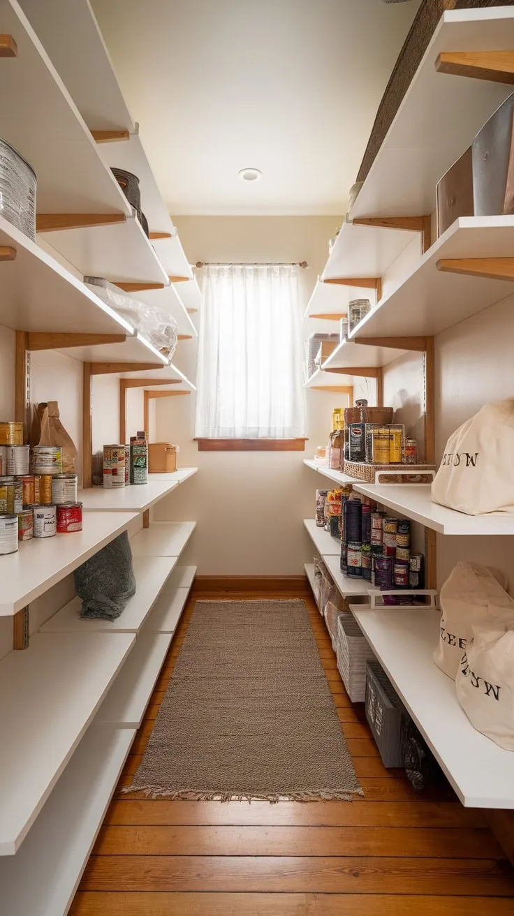 A charming walk-in pantry boasts adjustable shelves, a wood floor, and a windowed back wall, creating an organized and inviting space for food storage