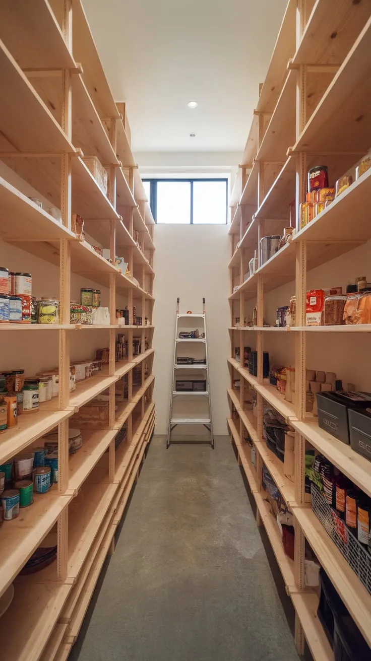 A walk-in pantry boasts wooden shelves brimming with canned goods, jars, and boxes, a small ladder reaching high items, and sunlight streaming through windows.