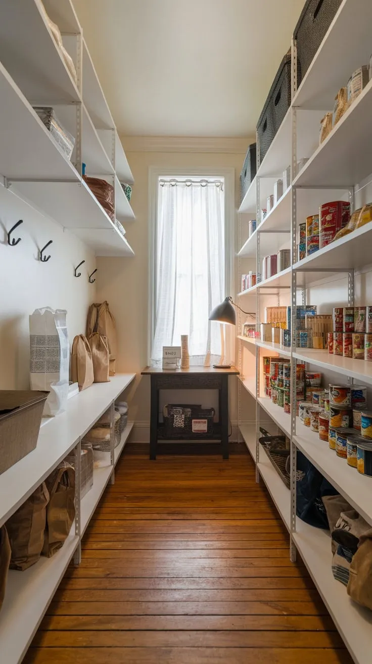 A well-lit walk-in pantry offers ample storage with wooden floors, white shelves, and convenient hanging hooks.