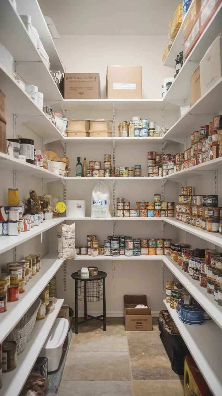 Organized shelves and a convenient table transform a walk-in pantry into a well-stocked culinary haven.