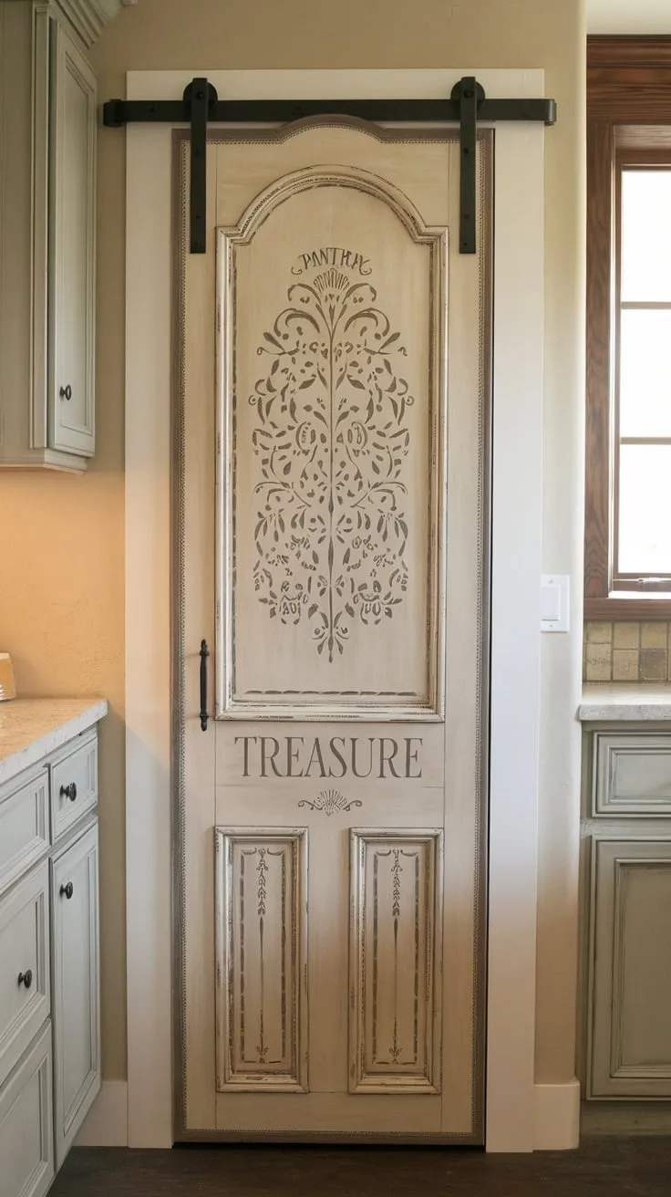 A small, custom-made wood pantry door boasting a distressed finish, floral pattern, and "Pantry Treasure" inscription enhances a kitchen's French country charm.