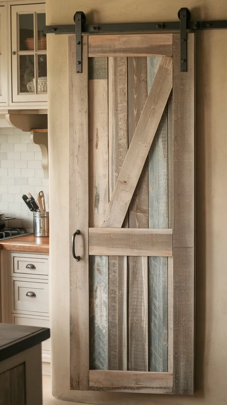 Reclaimed wood lends rustic French country charm to this bifold pantry door, perfectly complementing the warm kitchen setting