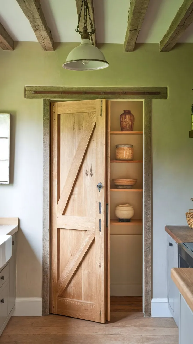 A charming bifold wood pantry door, in natural finish, enhances the rustic French country charm of a kitchen with exposed beams and vintage lighting