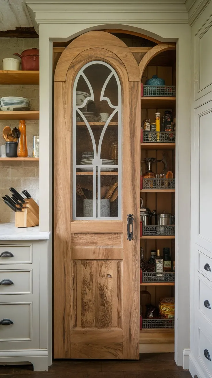 A space-saving custom wood pantry door with a decorative curved top adds rustic French charm to a well-stocked kitchen.