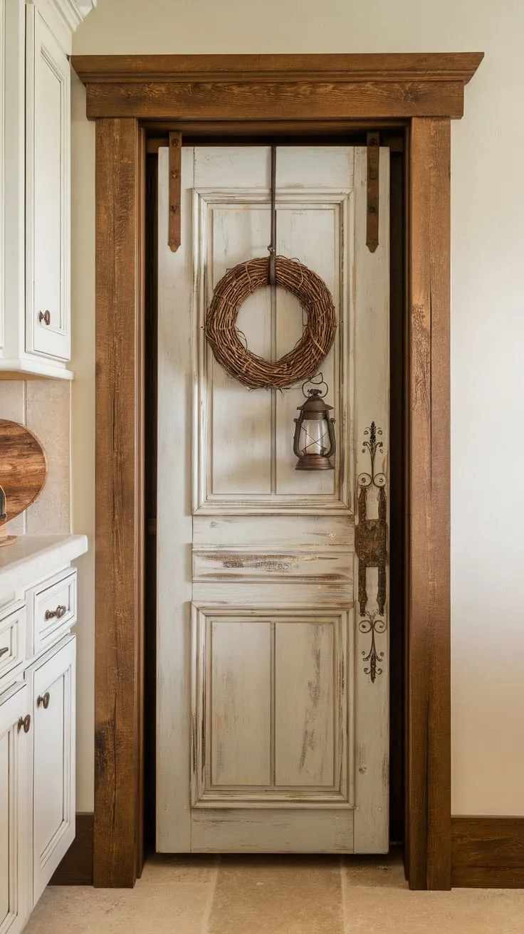 This space-saving wooden pantry door boasts a rustic, weathered French country design perfect for smaller kitchens.