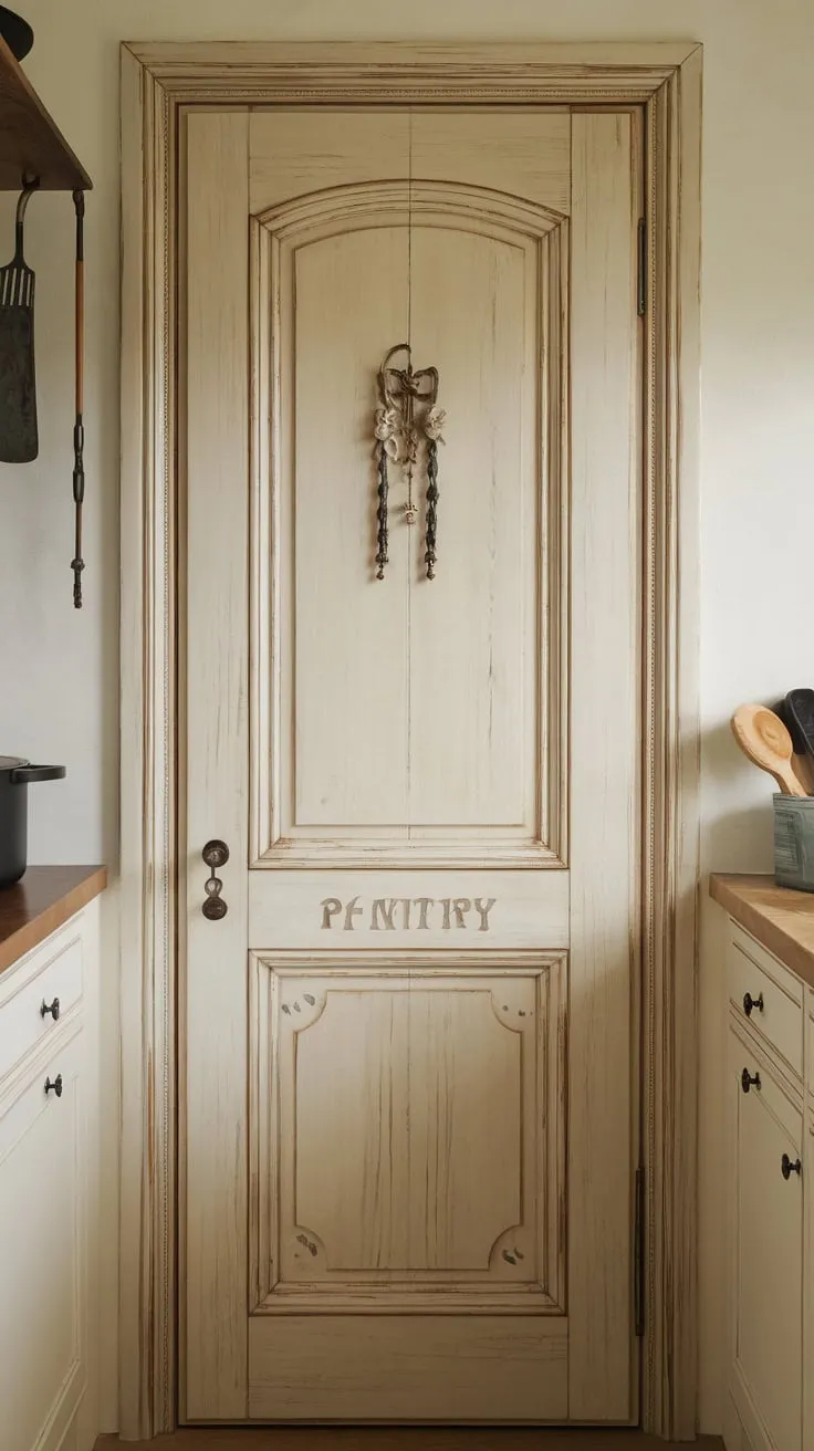 Soft lighting highlights the simple yet decorative small wooden pantry door, perfectly complementing the kitchen's ambiance.