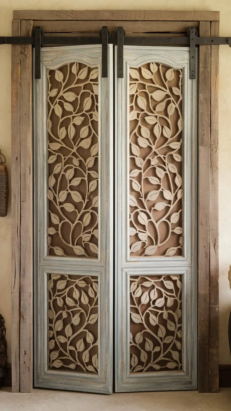 A weathered bifold pantry door, adorned with intricate vine detailing and mounted on a rustic frame, adds French country charm to any kitchen.