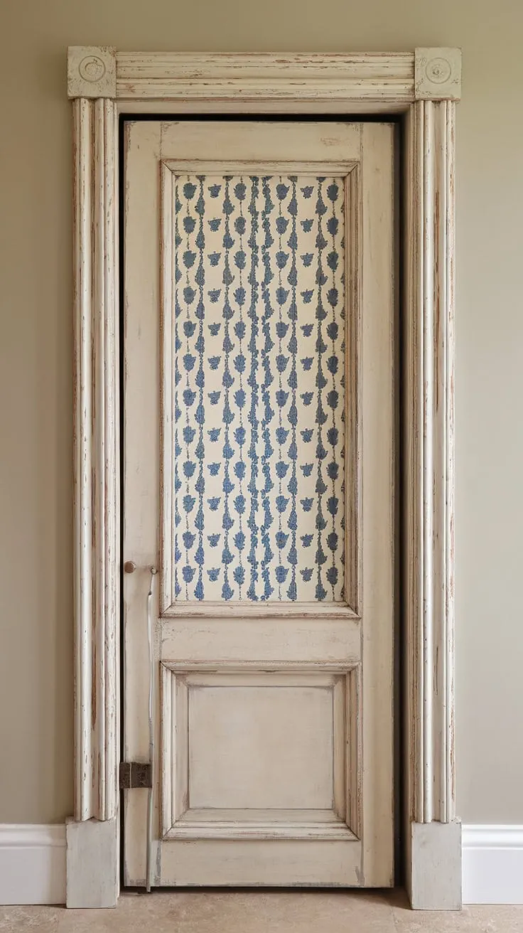 A charming, space-saving French country pantry door with a distressed white frame and hand-painted blue-and-white center panel adds rustic elegance to any kitchen