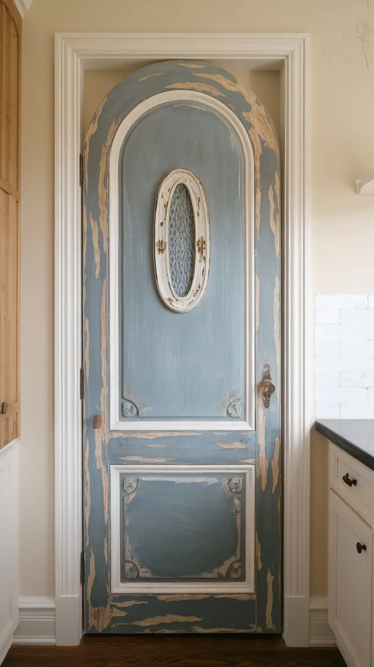 A custom-built, blue and white distressed wood pantry door brings French country charm to a kitchen wall.