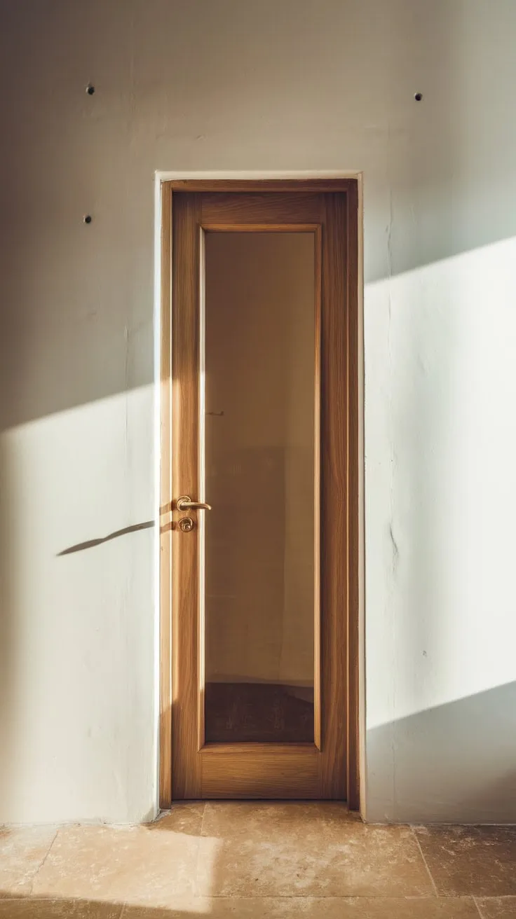 A subtly shadowed pantry door with a glass pane and wooden frame adds understated elegance to a beige-tiled room.