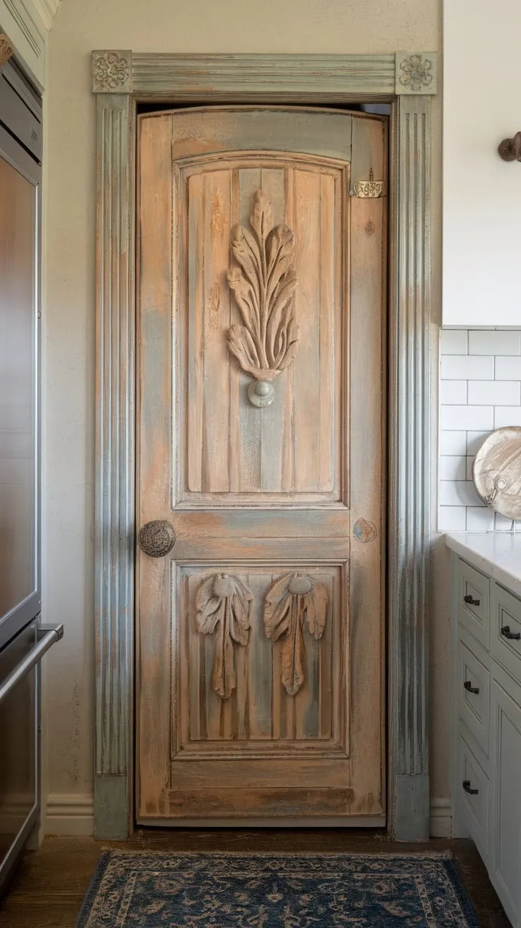 A charming French country pantry door, crafted from distressed wood and adorned with delicate carvings, adds rustic elegance to any kitchen.
